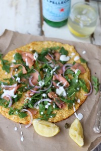 Cauliflower Pizza Base with Smoked Salmon and Creme Fraiche ~ The Luminous Kitchen