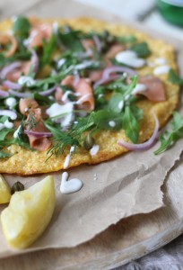 Cauliflower Pizza Base with Smoked Salmon and Creme Fraiche ~ The Luminous Kitchen