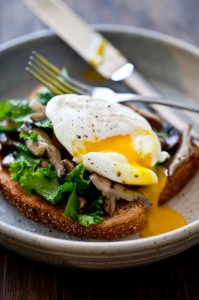 Mushrooms and Wilted Greens Toast with a Poached Egg