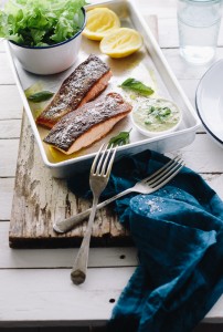 Crispy Skinned Salmon with Chermoula Sauce