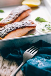 Crispy Skinned Salmon with Chermoula Sauce